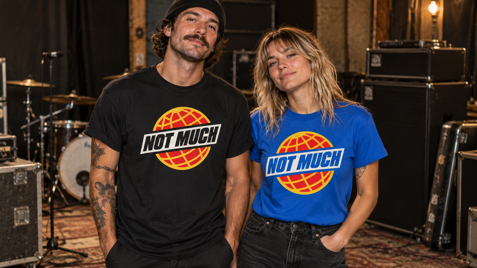Two models wearing black and blue NOTMUCH globe T-shirts